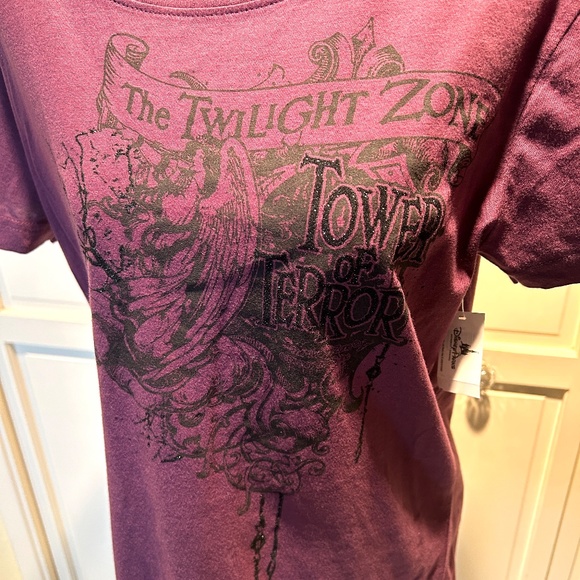 Disney Tower of Terror Twilight Zone T Shirt SZ XL Jr Purple & Black Glitter NWT - Picture 2 of 12